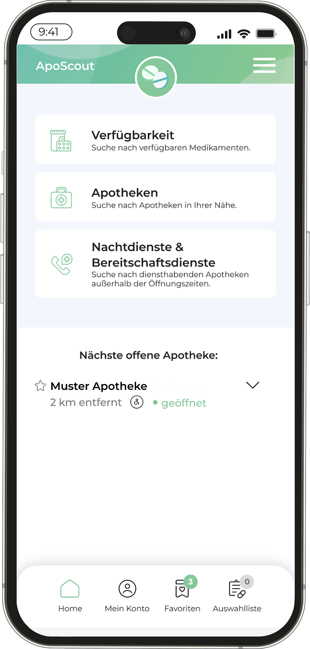 APOScout App Hauptmenü